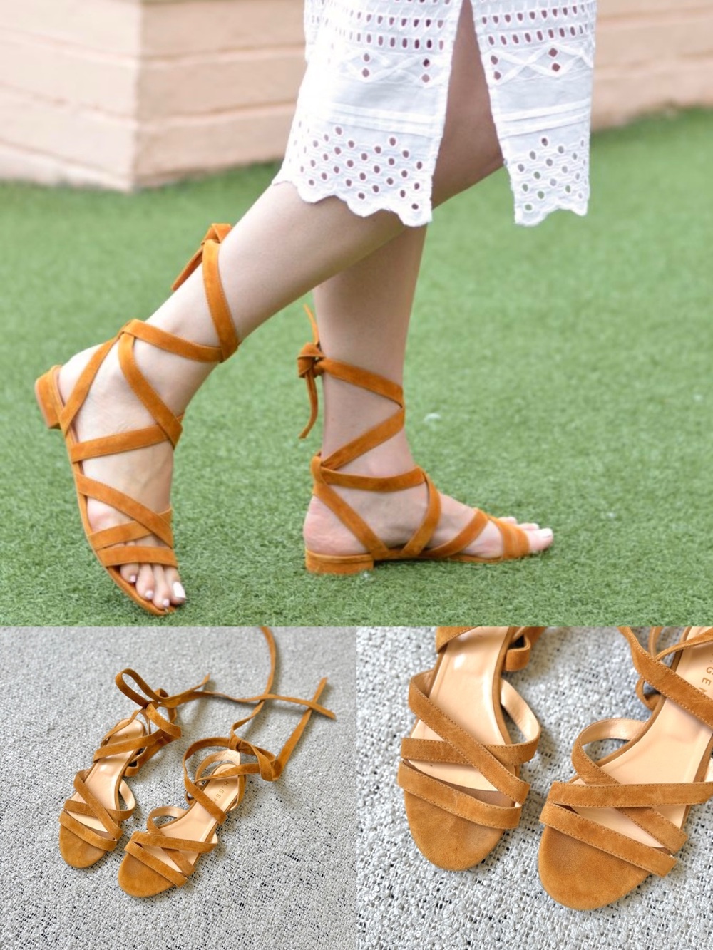 Suede Strappy Lace-Up Sandals - Tan